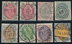 1875-1895. Tofarvet. 7 mærker, AFA 25b, 26, 28y, 27B, 29By-31By 20 øre, Våben med små tal.