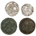Tyskland, Stralsund, énsidig kobberpenning 1607, 2 stk, irrede, samt to tyske middelaldermønter i sølv. 4