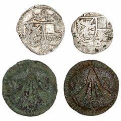 Tyskland, Stralsund, énsidig kobberpenning 1607, 2 stk, irrede, samt to tyske middelaldermønter i sølv. 4
