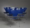 Arne Jacobsen. Seks Syver-stole, Model 3107 med sædehynder af læder. 6
