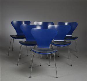 Arne Jacobsen. Seks Syver-stole, Model 3107 med sædehynder af læder. 6