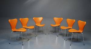 Arne Jacobsen 1902-1971 Sæt på seks stole model 3107, cognacfarvet læder 6