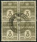 AFA 44 1905. Bølgellinie 3 Øre, grå 4-blok annulleret med centralt særstempel KØBENHAVNS PHILATELISTKLUB 30.6.1907