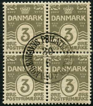 AFA 44 1905. Bølgellinie 3 Øre, grå 4-blok annulleret med centralt særstempel KØBENHAVNS PHILATELISTKLUB 30.6.1907