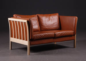 Skalma to-personers sofa, sæbehandlet bøg, læder