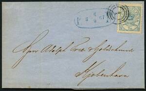 AFA 11 1864. Krone-Scepter-Sværd, 2 Skilling, single på lokalbrev sendt i KØBENHAVN 4.9.1867