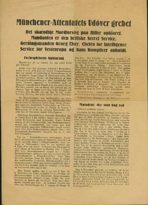 1939. Løbeseddel. Münchener-Attentatets Udöver grebet.