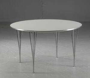 Piet Hein  Bruno Mathsson. Cirkulært spisebord med plade af hvid laminat med alukant. Ø. 120 cm.