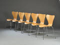 Arne Jacobsen. Sæt på seks syver stole, model 3107 i ahorn 6