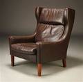 Dansk møbelproducent, øreklapstol, brunt skind