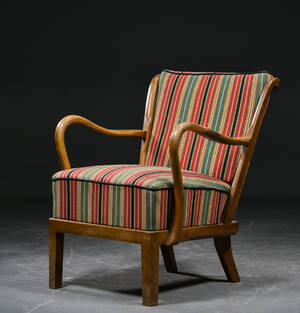 Armstol af bøg, betrukket med uld, 1940erne