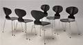 Arne Jacobsen. Sæt på seks stole, Myren, model 3101, nylakerede 6 