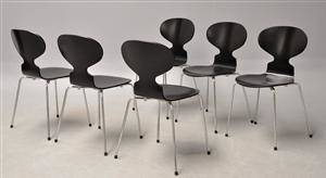 Arne Jacobsen. Sæt på seks stole, Myren, model 3101, nylakerede 6