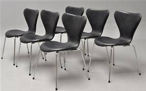Arne Jacobsen. Sæt på seks stole Syveren, model 3107 6