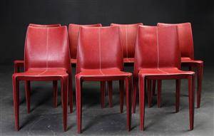 Dansk Møbelproducent. Syv spisestole, rødt læder 7