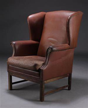 Chesterfield øreklapstol, brunt skind