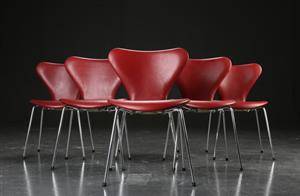 Arne Jacobsen. Seks stole model 3107, Indian Red anilin læder 6 