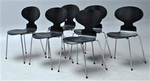 Arne Jacobsen. Sæt på seks stole, Myren, model 3101, nylakerede 6
