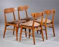 Dansk møbelproducent. Fire spisestole, teak og bøg. 4