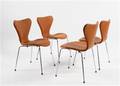 Arne Jacobsen. Sæt på fire stole syveren , model 3107, nybetrukket med anilin læder.4  