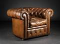 Chesterfield lænestol betrukket med brunt læder