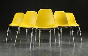 Charles Eames. Seks gulgrønne DSS skalstole 6 