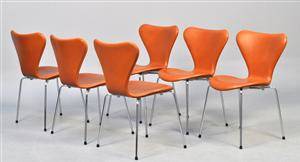 Arne Jacobsen. Sæt på seks stole, model 3107, Syveren, Canyon anilin læder. 6