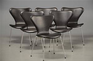 Arne Jacobsen, seks stole, model 3107, Syveren, sort Canyon anilin læder 6 