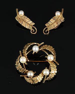 Vintagebroche og øreclips, i 14 kt guld med kulturperler 3