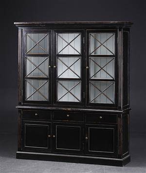 Stort vitrineskab, sort antikbemaling 2
