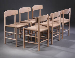 Børge Mogensen. Seks spisebordsstole med stel af sæbebehandlet bøgetræ, Folkestolen sæder af papirgarn. 6