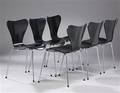 Arne Jacobsen. Sæt på seks stole model 3107, Syveren, nylakerede. 6 