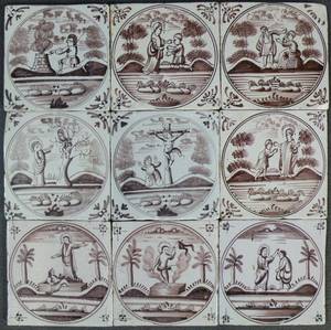 Neun Fliesen mit biblischen Szenen, Mangan,  Holland 2. Hälfte 19. Jh. 9