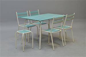 Havesæt bord, 4 stole, skammel 6