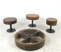 Industriedesign, 3 Hocker und Tischgestell aus Antriebsrädern einer Getreidemühle, Rheinland 1850 4