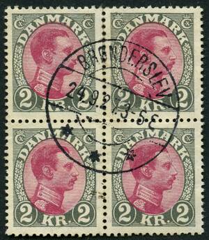 AFA 151 1925. Christian X, 2 Kroner, grårødlilla, sLUX stemplet 4-blok, BRØNDERSLEV 24.9.1927