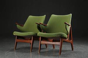 Par lænestole, uld og teaktræ, dansk møbeldesign 2