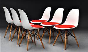 Charles Eames. Sæt på seks skalstole med hopsak, model DSW 6