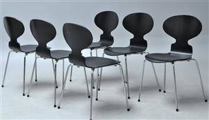 Arne Jacobsen. Sæt på seks stole, Myren, model 3101, nylakerede 6
