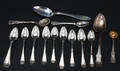 Mat samt kaffeskedar, silver, 14 delar, 1800-tal. 14