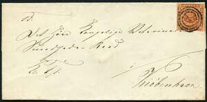 AFA 4 1854. 4 Skilling, brun 5.tr., annulleret NUM 1. Sendt til KIØBENHAVN, men brevet er uden datostempel