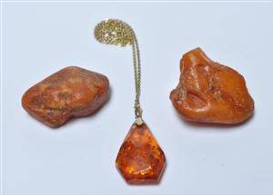 Vedhæng af rav med kæde af 14 kt. guld samt to upolerede ravstykker. 3