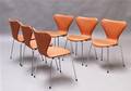 Arne Jacobsen, seks stole, model 3107, Syveren, nybetrukket med cognacfarvet calvados læder 6 