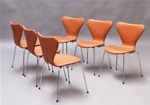 Arne Jacobsen, seks stole, model 3107, Syveren, nybetrukket med cognacfarvet calvados læder 6 