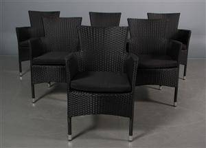 Havemøbler. Seks stabelbare havestole, sort polyrattan, aluminium stel. 6  