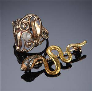 Slangebroche med diamant og guldring, 14 kt 2