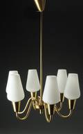 Lysekrone, stel af messing, seks lysarme med glas  