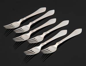 Georg Jensen. Antik  Continental, 6 frokostgafler af let hammerslået sølv og sterlingsølv. 6