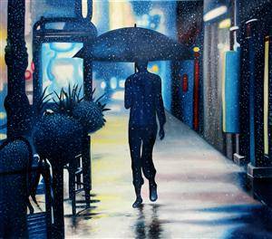 Stadsmiljömotiv, olja på duk, Raining Blue