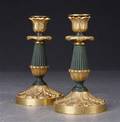 Et par lysestager af patineret messing, 1900-tallets 1. halvdel